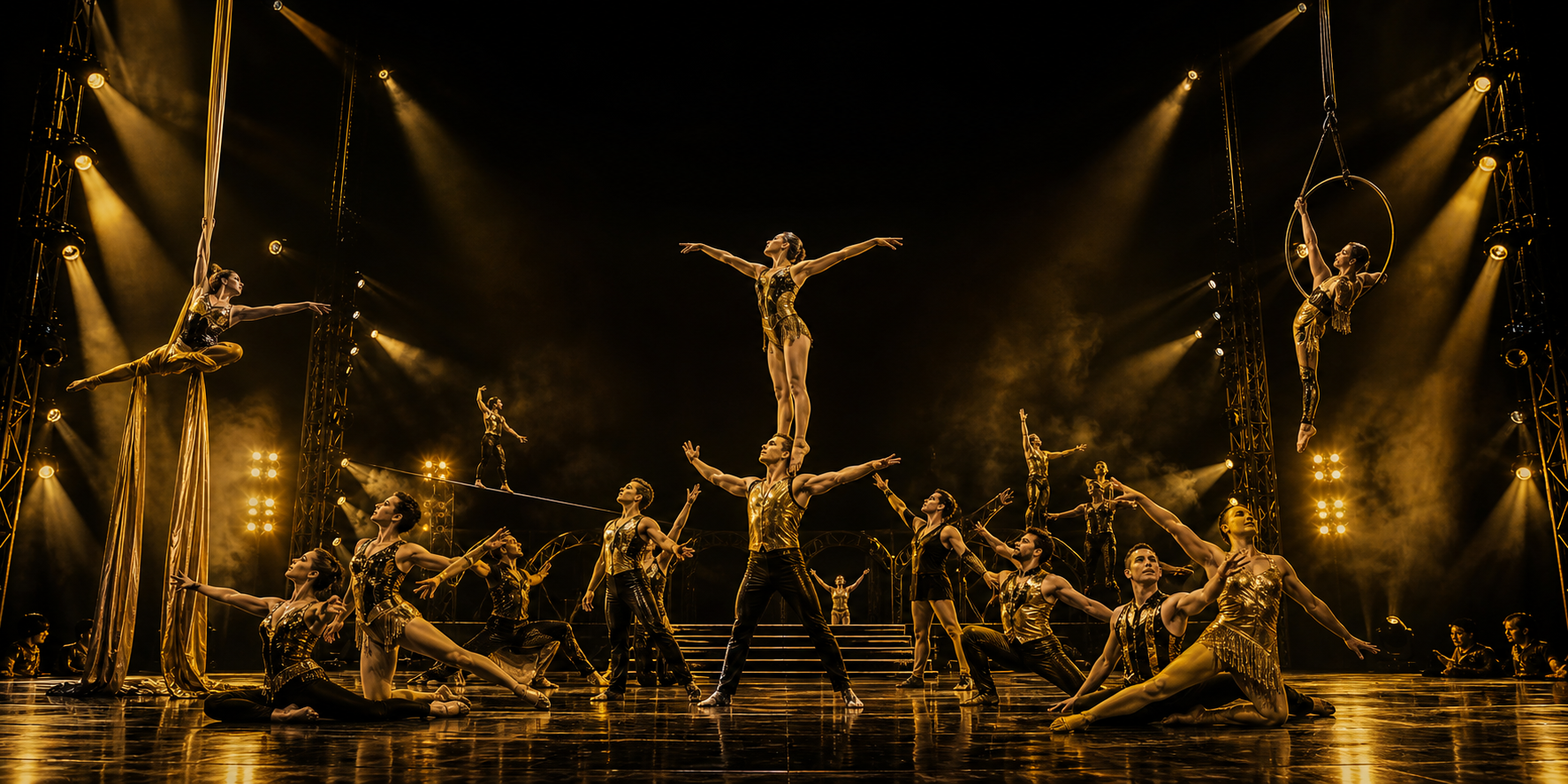 Troupe de circo sobre un escenario iluminado en dorado